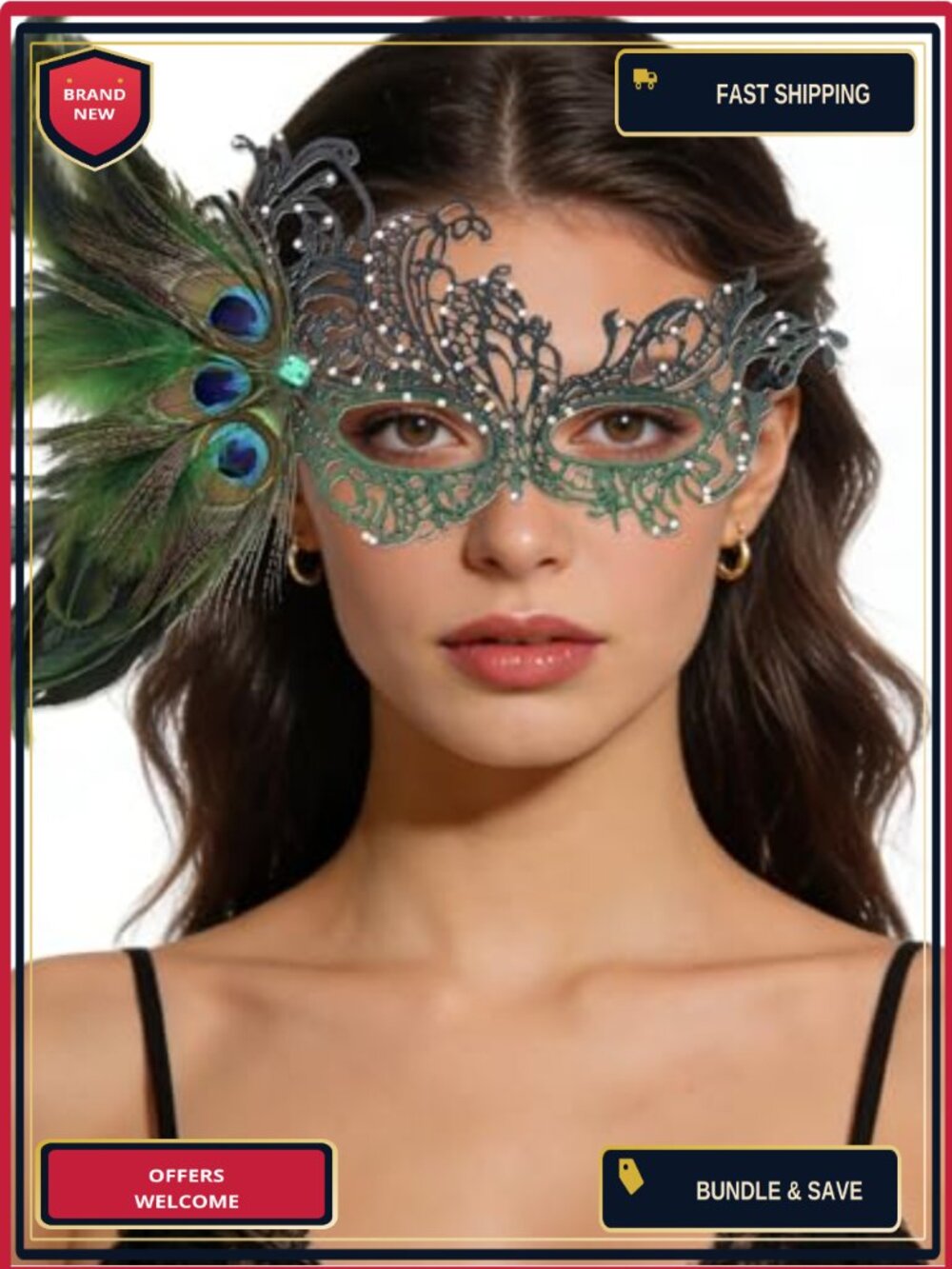Feather Lace Masquerade Mask Detachable Peacock Feathers Handmade Costume